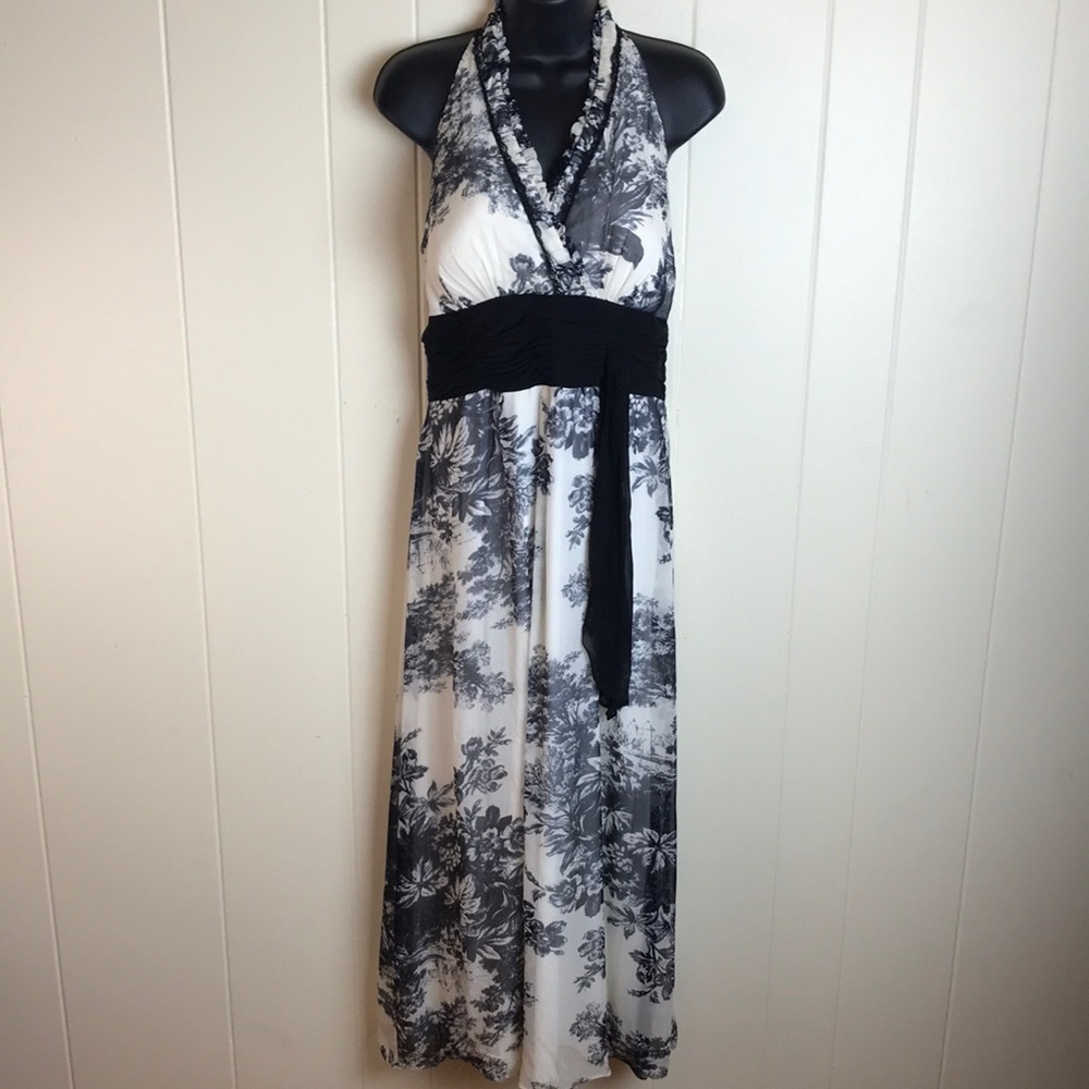 Sangria Black and White Silk Halter Top Maxi Dress